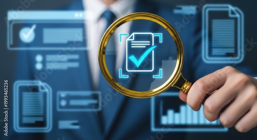 Digital document verification with magnifying glass, businessman analyzing virtual data interface, compliance and quality control audit process