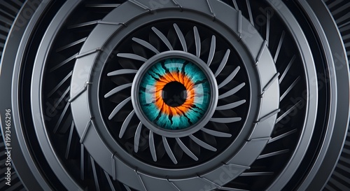 Futuristic Mechanical Eye Inside Metallic Turbine — AI Vision and Robotic Surveillance Concept