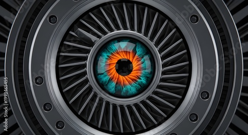 Futuristic Mechanical Eye Inside Metallic Turbine — AI Vision and Robotic Surveillance Concept