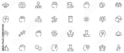 Mental health web icons in line style. Depression, psychotherapy, psychological, bipolar, negative thinking, obsession, collection. Editable stroke.