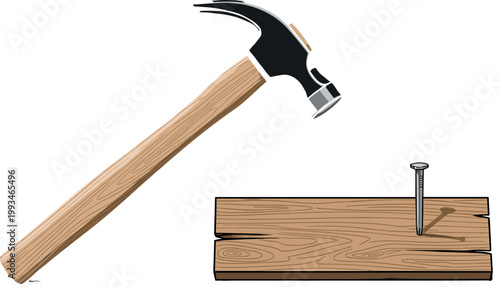 Hammer and Nail on Wooden Plank Carpentry Tool Construction Vector Illustration