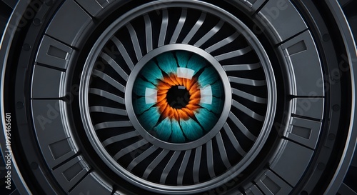 Futuristic Mechanical Eye Inside Metallic Turbine — AI Vision and Robotic Surveillance Concept