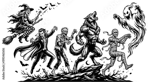 Halloween monsters collection with witch, vampire, zombie, werewolf, mummy and ghost on spooky background, black and white vector illustration.