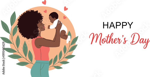 Happy Mother’s Day greeting with loving African mother holding baby child floral frame flat vector illustration family love concept