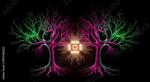 Glowing AI Neural Network — Symmetrical Neon Tree Concept