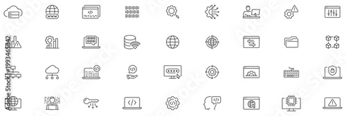 Programming and coding web icons in line style. Information technology, developer, idea, advertising, app, archive, collection. Editable stroke.