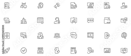 Public Relations web icons in line style. Social media, interview, reputation, press, feedback, planning, news, collection. Editable stroke.