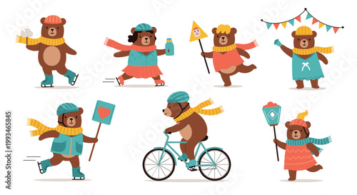 Adorable illustrated brown bears engage in fun winter activities like ice skating, cycling, and carrying festive lanterns and flags.