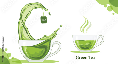 Dynamic illustration of green tea being poured into a glass cup with a tea bag, showing liquid splashes and a separate steaming cup.