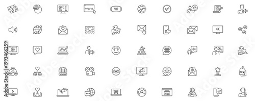Social Media and web icon in line style. Data analytics, blogging, seo, digital marketing, like, management, message, phone, collection. Editable stroke.