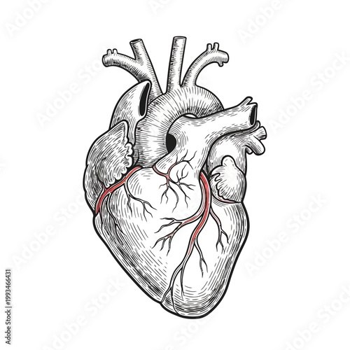 Detailed anatomical illustration of a human heart with visible arteries.