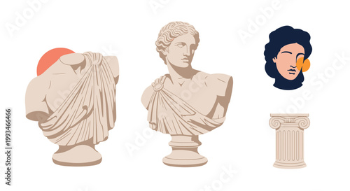Set of classical art elements features marble sculpture busts, an ionic column pedestal, and a stylized artistic portrait head.