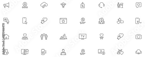 Social Media and web icon in line style. Data analytics, blogging, seo, digital marketing, like, management, message, phone, collection. Editable stroke.