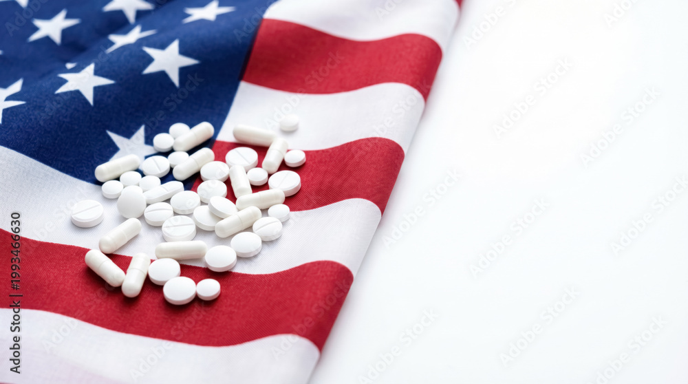Fototapeta premium White pills and capsules on USA flag, pharmaceutical industry, prescription drugs and healthcare policy concept. 