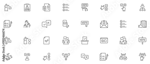 Voting web icons in line style. Vote box, candidates, form, approved, checklist, online, rating, collection. Editable stroke.