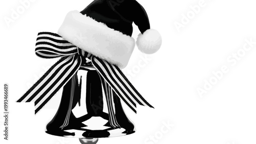 Christmas Bell with Santa Hat and Ribbon, Black and White Festive Decoration