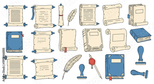 Collection of vintage library and writing elements features old paper scrolls, quills, leather books, and wax sealing stamps.