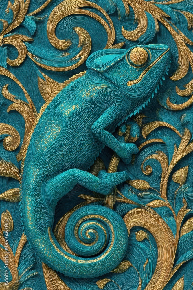 Obraz premium Sculptural Chameleon against a background of gold and turquoise swirls. Turquoise velvet background. Luxurious 3D sculptural relief