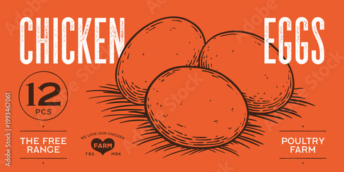 Chicken, hen with nest, eggs. Label, tag, chicken nest, eggs sketch ink pencil style drawing, engrave old school style. Sketch artwork silhouette chicken with nest, eggs. Vector Illustration