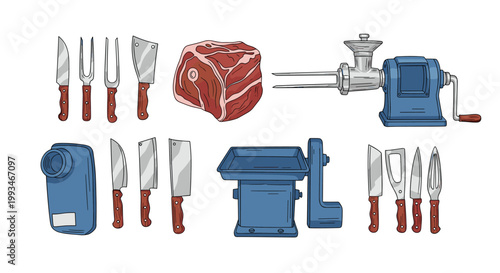 Butchery and meat processing tools set featuring a raw steak alongside vintage manual meat grinders and a collection of professional knives.