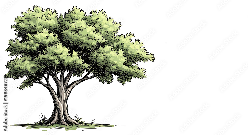 Fototapeta premium Stylized Drawing of a Lush Green Tree with Detailed Foliage and Trunk nature illustration