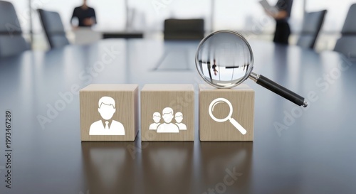 Investigative process a magnifying glass focuses on blocks depicting people and search icons symbolizing due diligence