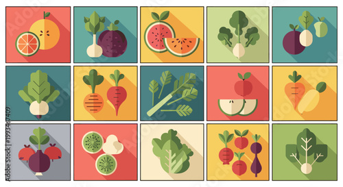 Minimalist fruit and vegetable icons presented in a colorful grid with long shadows for modern kitchen or healthy living designs.