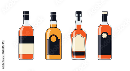 Set of four diverse spirit bottles including whiskey and liquor with elegant blank labels ready for custom branding or product design.