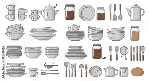 Extensive collection of dirty dishes and kitchenware featuring stained plates, bowls, and cutlery that need washing for household chores concepts.