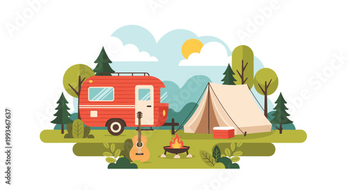 Peaceful camping scene in a forest clearing featuring a vintage red trailer, a cozy tent, a campfire, and a guitar under a bright sun.