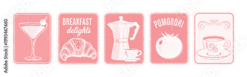 Red and white icons of food and drink items on white background