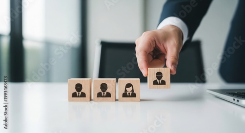 Business professional carefully arranging wooden blocks with portraits symbolizing recruitment team building and human resources management in an office setting