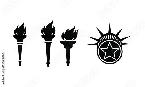 Torch flame and star crown icon set vector illustration for liberty and freedom symbolism.