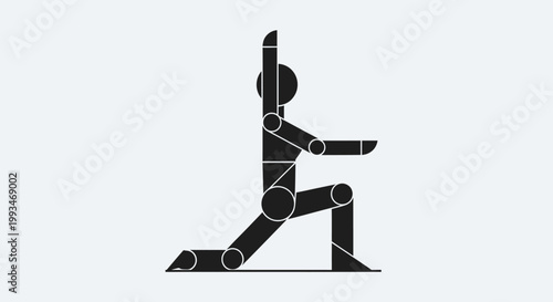 Geometric stick figure in a warrior yoga pose, symbolizing strength, balance, and meditation, isolated light gray background.