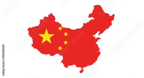 Vibrant political map of China in red with prominent yellow stars on an isolated white background.
