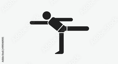 Simple stick figure illustrating a person performing a yoga balancing pose on a light gray background.