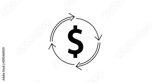 Dollar sign surrounded by circular arrows symbolizing money exchange and financial transactions on an isolated white background.