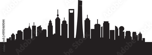 City skyline silhouette with diverse buildings and skyscrapers, illustration in black and white