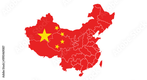 Detailed political map of China highlighted in red with yellow flag stars on an isolated white background.