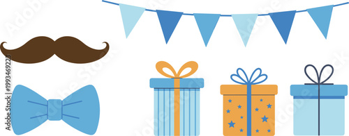 Celebration set for dads including presents bunting mustache and stylish bow accessory icons