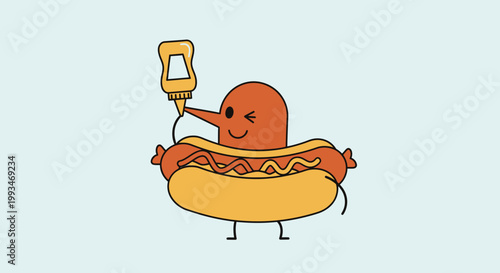 Happy cartoon hot dog character with a smiling face and mustard bottle waving on light blue background.