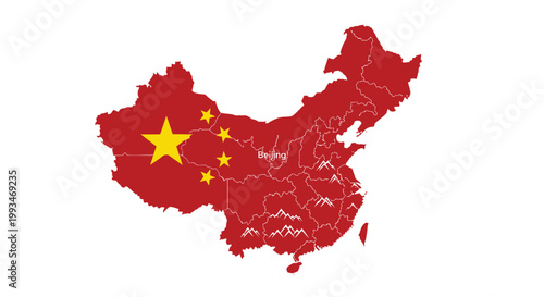 Vibrant map of China with national flag design and yellow stars on isolated white background.