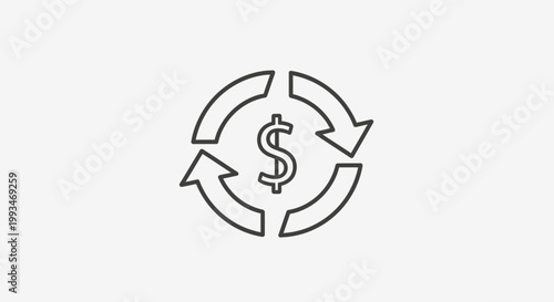 Minimalist outline icon of dollar sign with circulating arrows on light grey background.