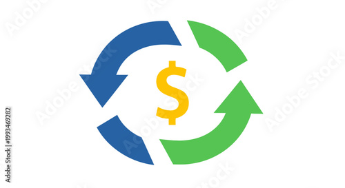 Green and blue circular arrows around a yellow dollar sign, representing money exchange or financial cycle, on isolated white background.