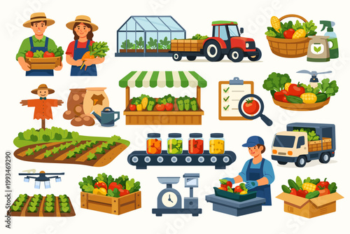 Comprehensive Vegetable Industry and Agriculture Vector Illustration Set Featuring Farmers, Greenhouse, Tractor, Market Stall, Crop Fields, Drone Technology, Food Processing, and Fresh Produce.