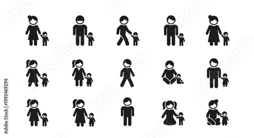 Set of family relationship icons depicting parent and child figures, isolated white background.