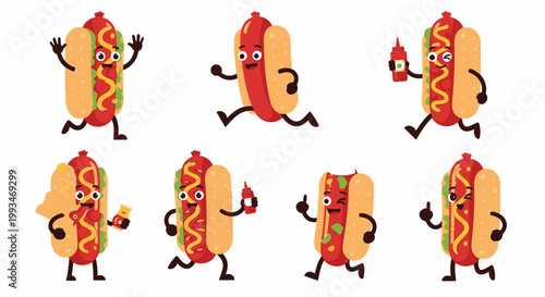 Group of cheerful hot dog cartoon characters running and holding condiments, isolated white background.