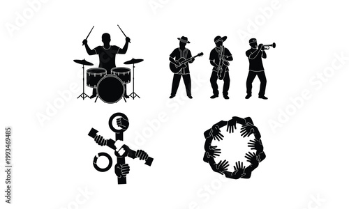 Vector silhouette illustration of musicians and teamwork hands graphics.