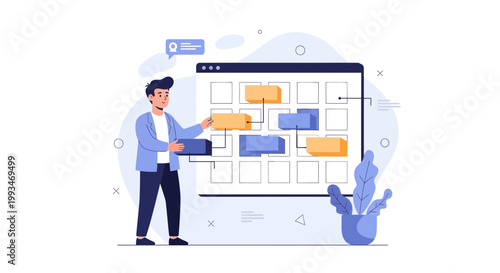 Man organizing workflow on a digital board, business planning and strategy concept
