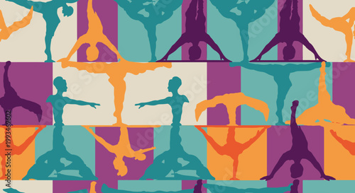 Seamless vector illustration set of women in bikini silhouettes practicing yoga and fitness on the beach for a healthy fashion and sport holiday design